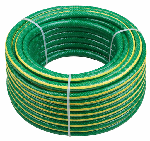 [1001RM] ROLLO MANGUERA TRAMADA VERDE CON LINEA AMARRILLA 1/2 100MTS